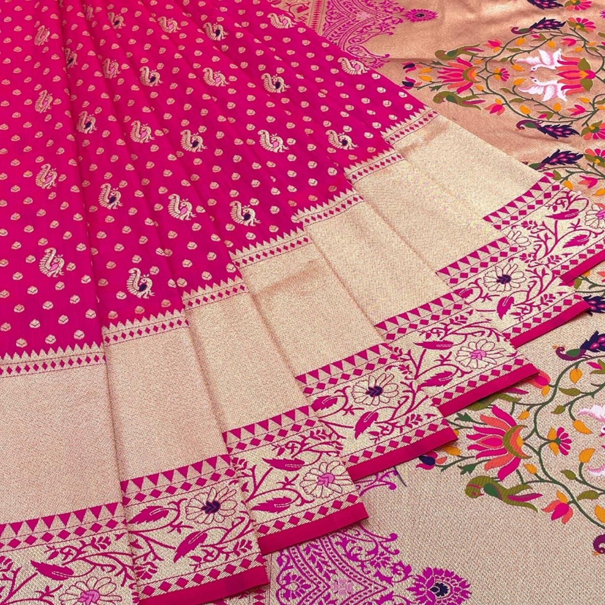 Rani Pink Zari Woven Art Silk Saree - Peachmode