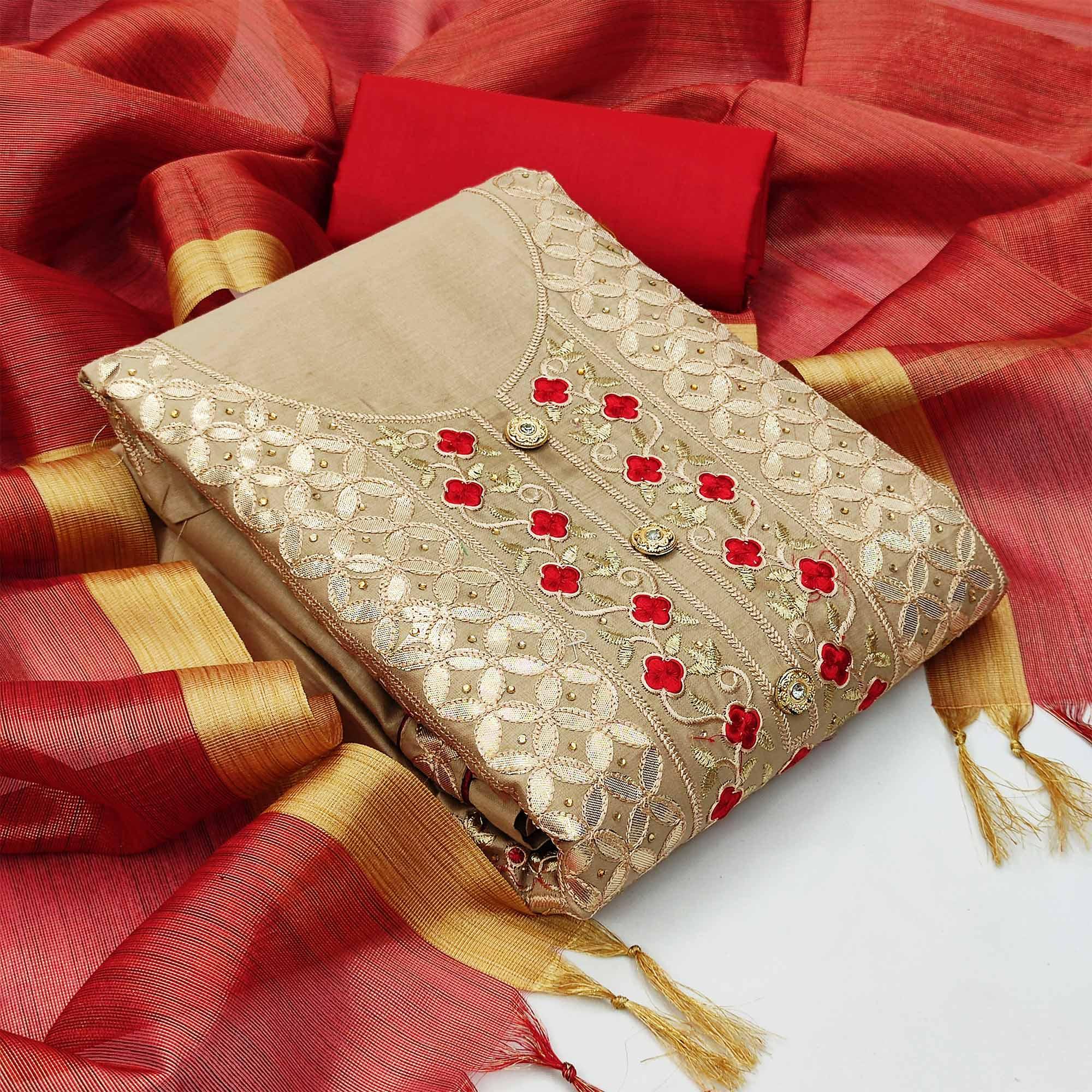 Ravishing Beige Colored Casual Embroidered Cotton Dress Material - Peachmode