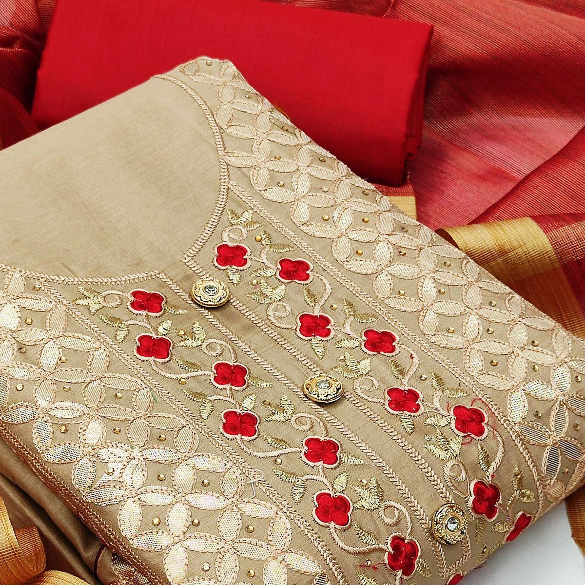 Ravishing Beige Colored Casual Embroidered Cotton Dress Material - Peachmode