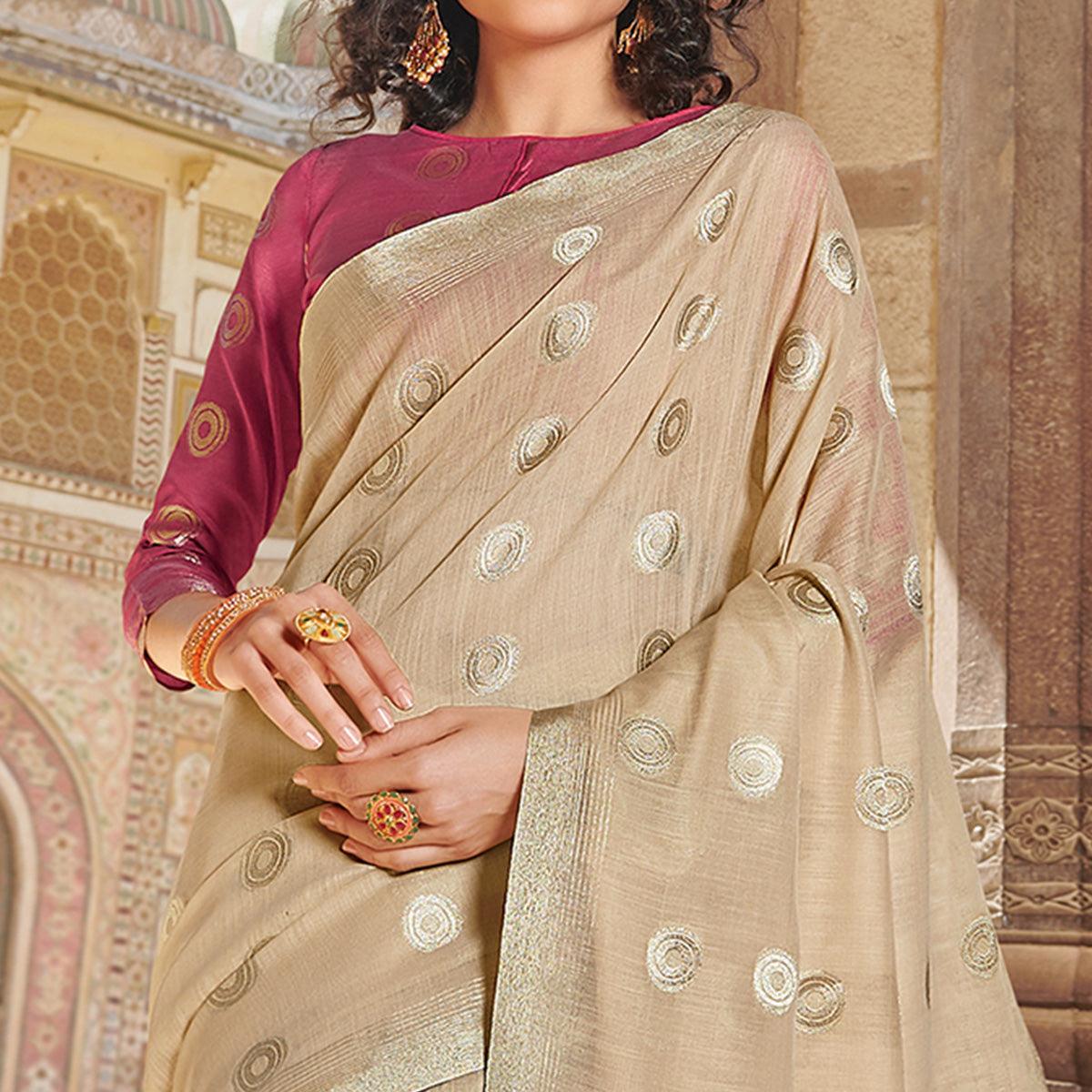 Ravishing Beige Colored Festive Wear Woven Linen Cotton Saree With Tassels - Peachmode