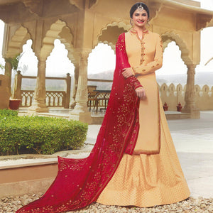 Ravishing Beige Colored Party Wear Embroidered Georgette Satin Lehenga Kameez - Peachmode