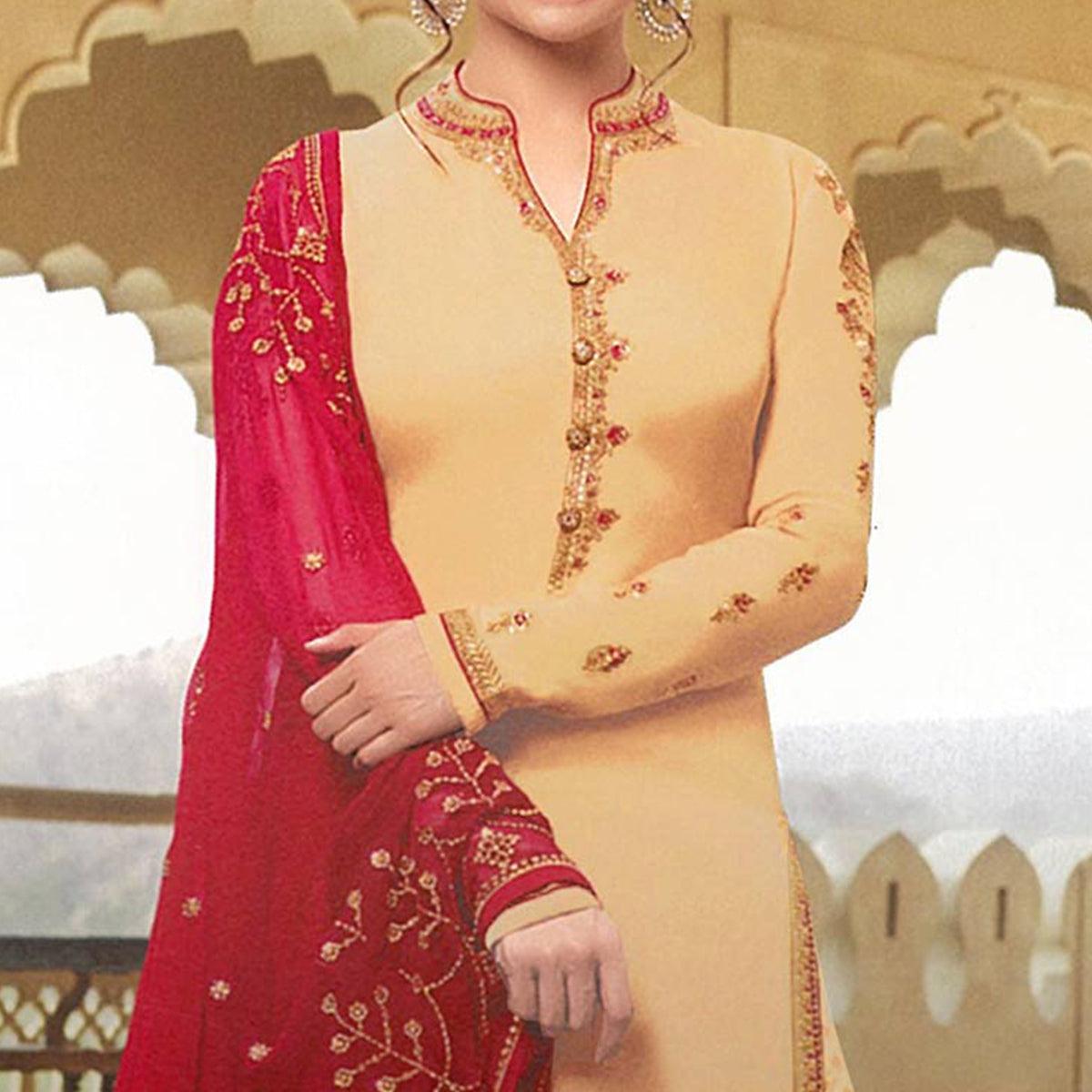 Ravishing Beige Colored Party Wear Embroidered Georgette Satin Lehenga Kameez - Peachmode