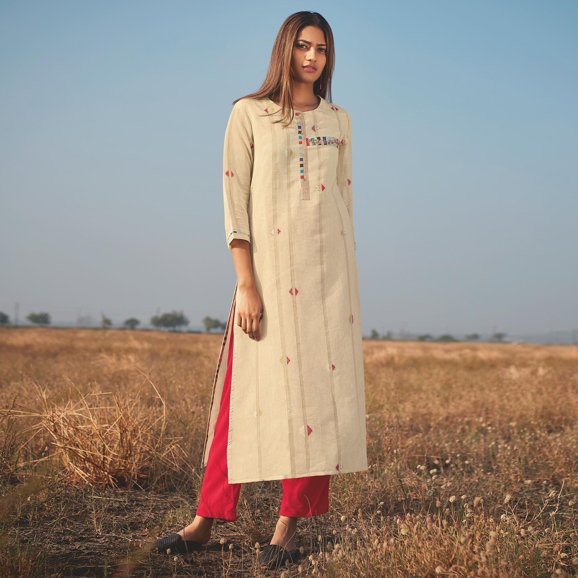 Ravishing Beige Colored Party Wear Handwork Handloom Cotton Kurti-Pant Set - Peachmode