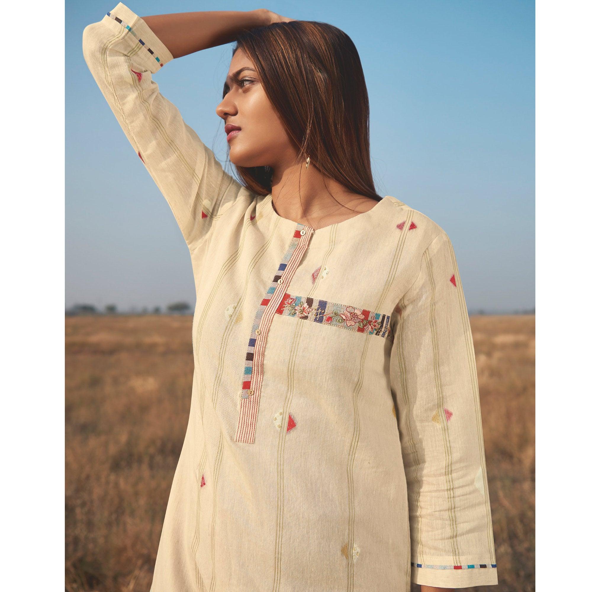 Ravishing Beige Colored Party Wear Handwork Handloom Cotton Kurti-Pant Set - Peachmode
