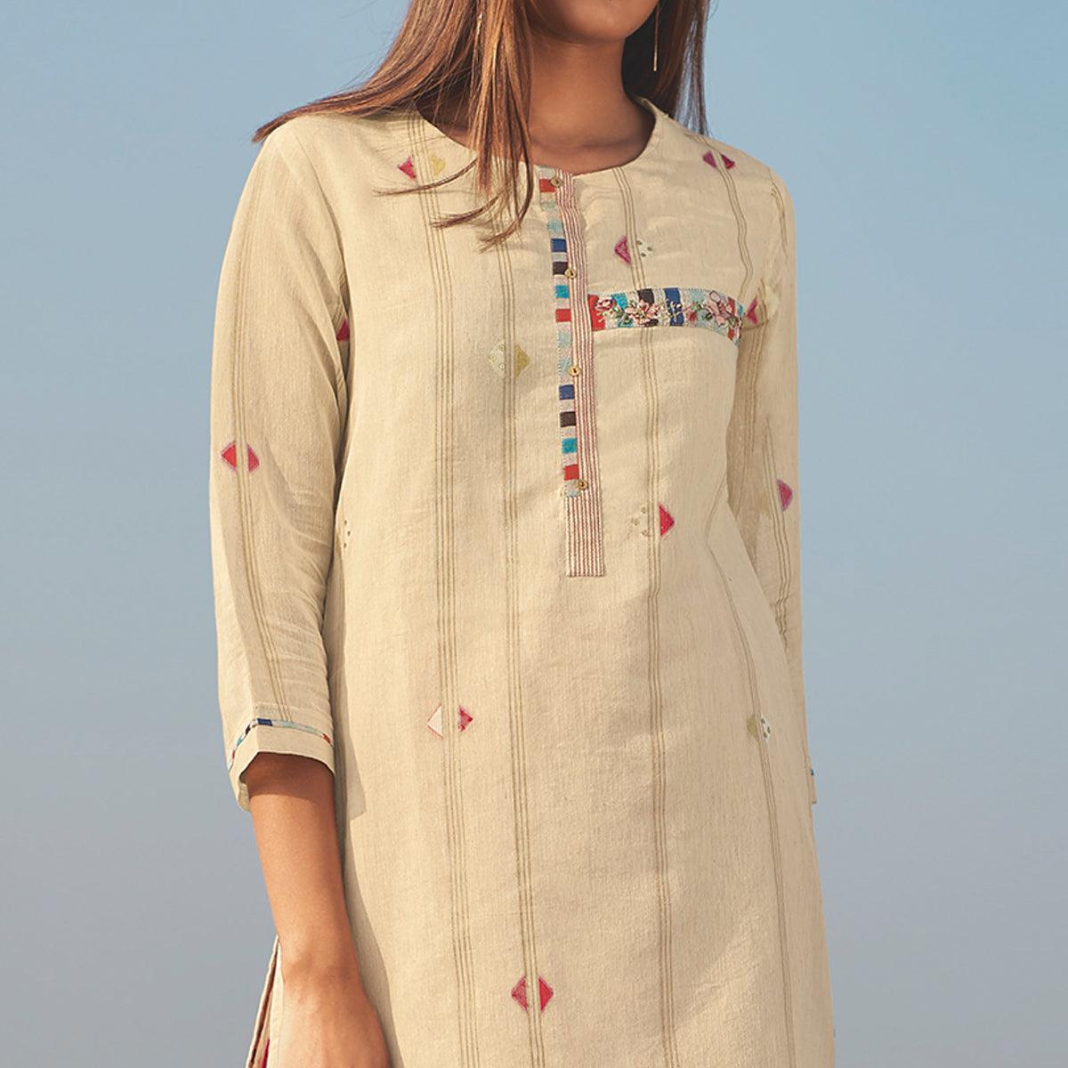 Ravishing Beige Colored Party Wear Handwork Handloom Cotton Kurti-Pant Set - Peachmode
