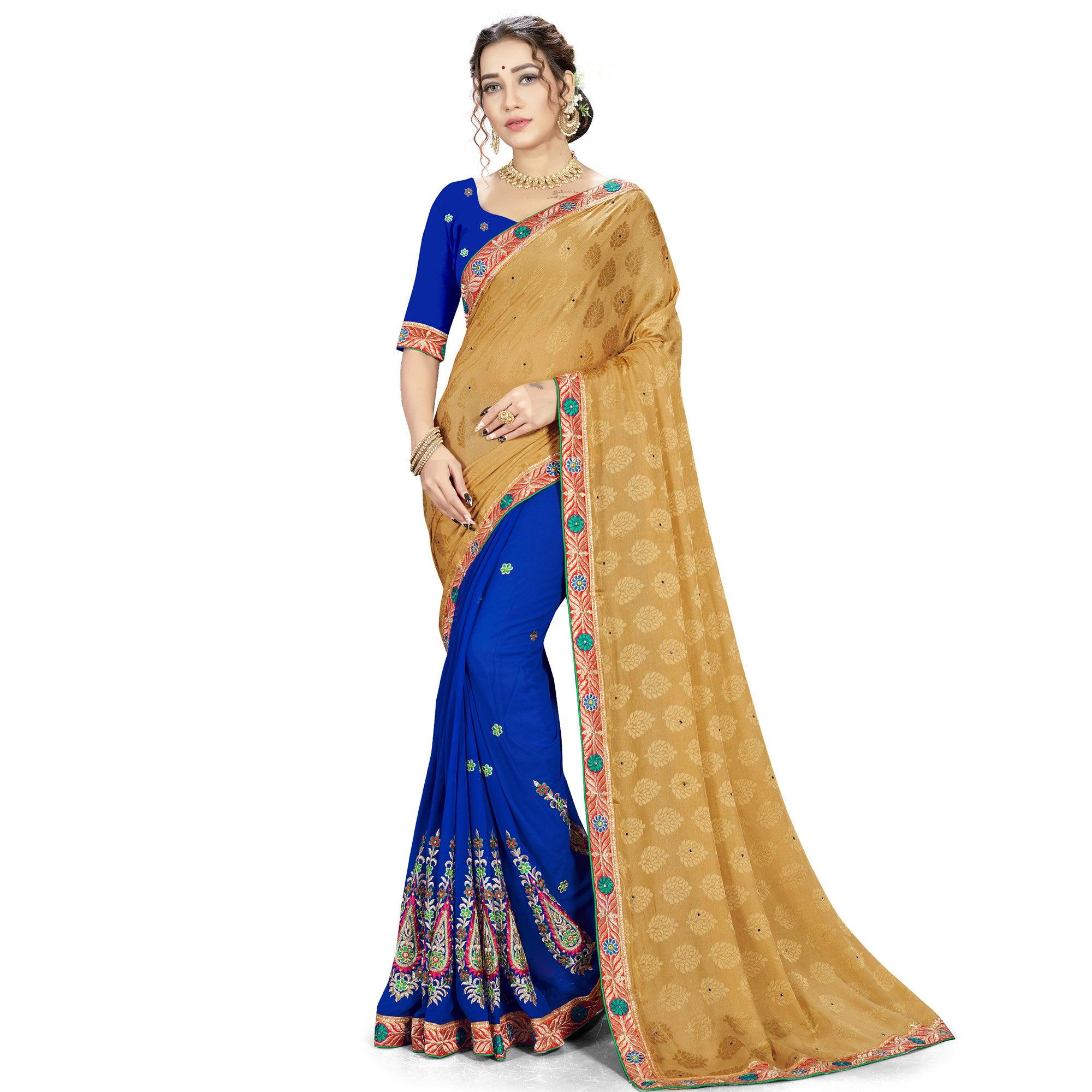 Ravishing Brown-Blue Colored party Wear Embroidered Georgette Half-Half Saree - Peachmode