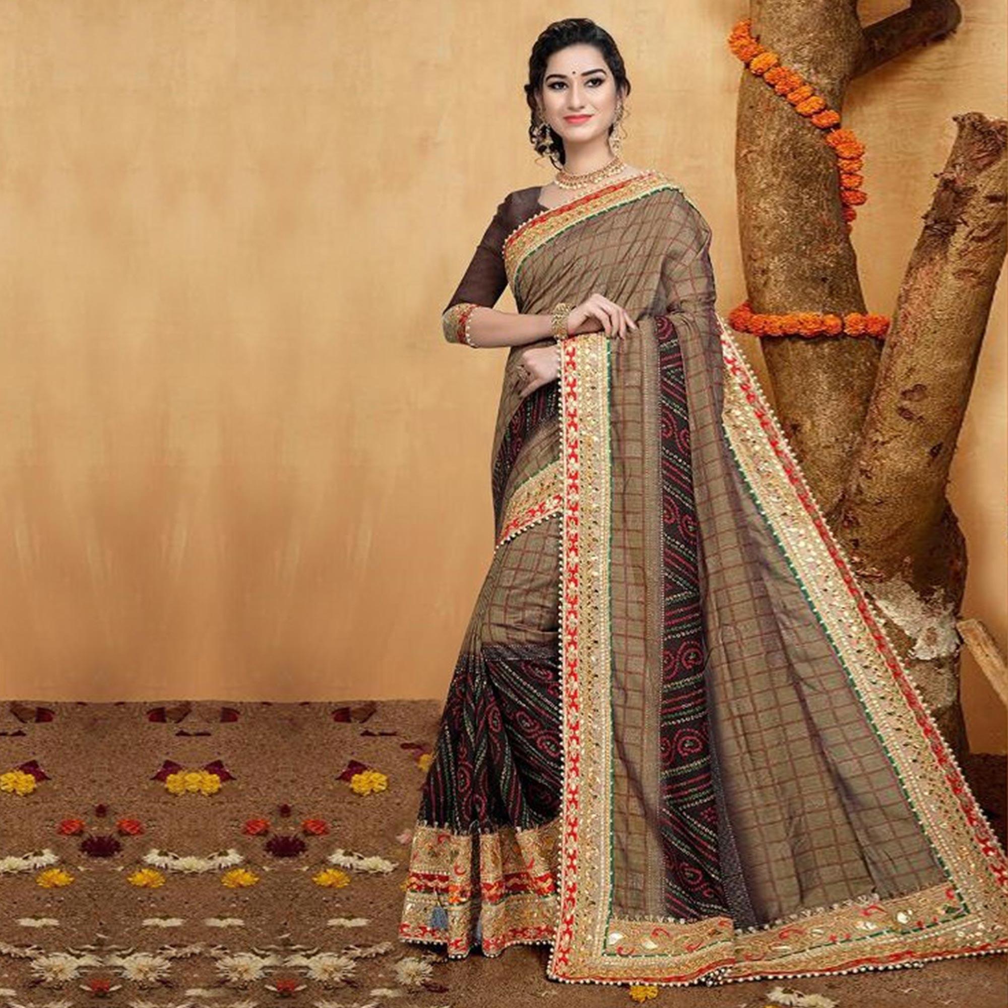 Ravishing Brown Colored Festive Wear Zari Work Vichitra Silk Saree - Peachmode