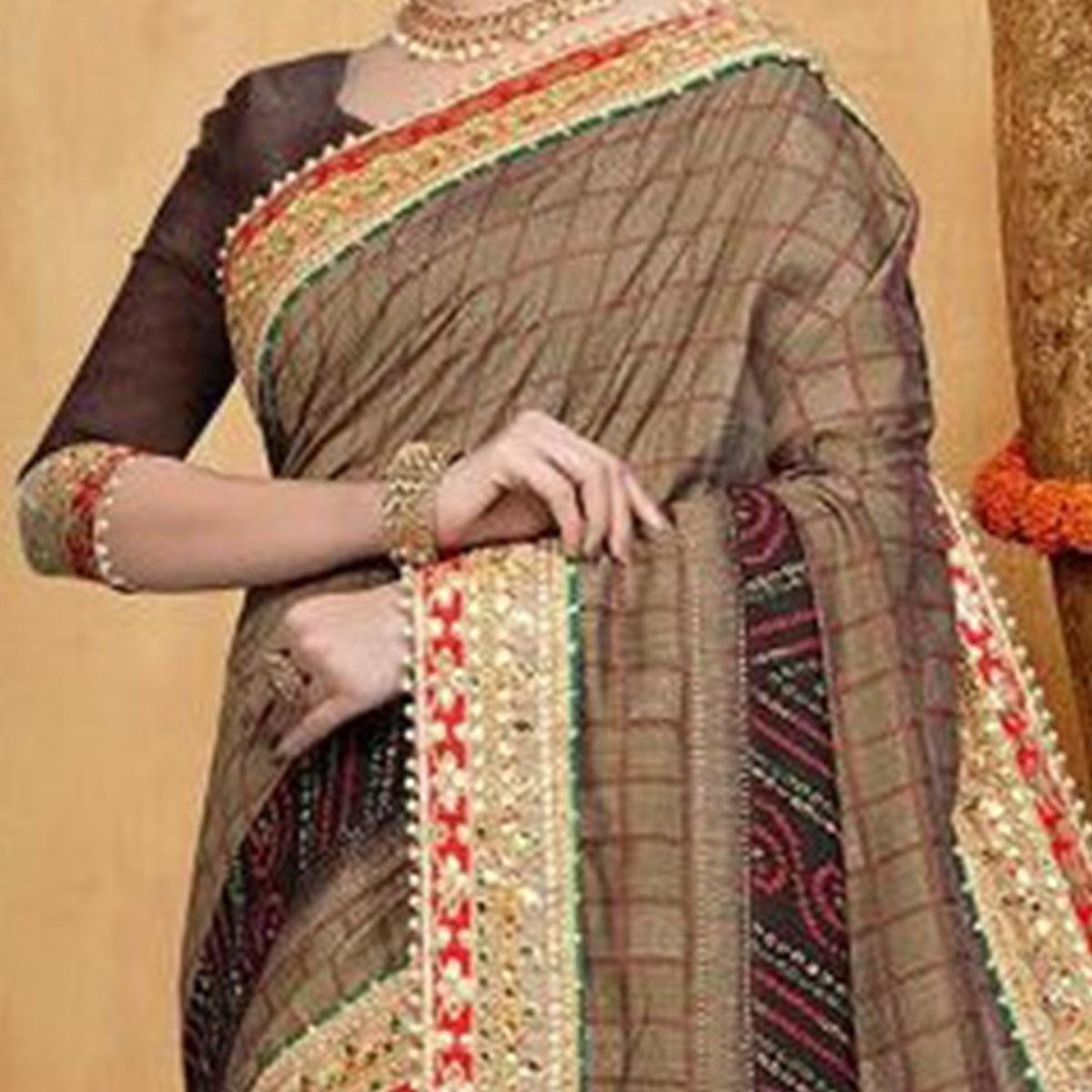 Ravishing Brown Colored Festive Wear Zari Work Vichitra Silk Saree - Peachmode
