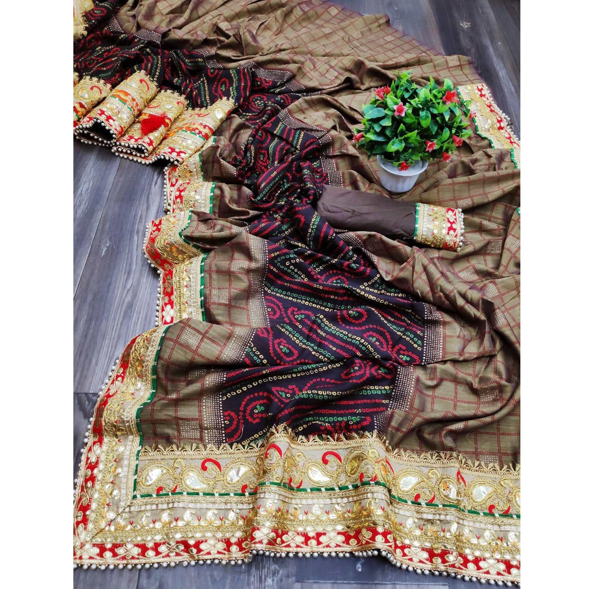 Ravishing Brown Colored Festive Wear Zari Work Vichitra Silk Saree - Peachmode