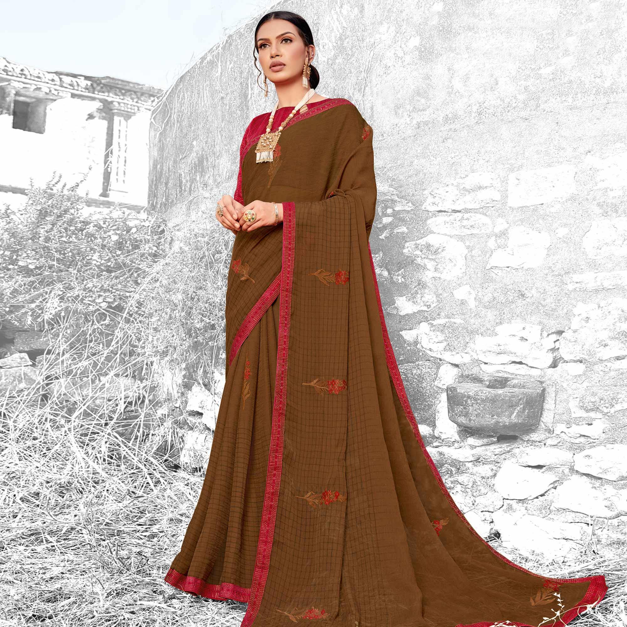 Ravishing Brown Coloured Partywear Embroidered Chiffon Saree - Peachmode