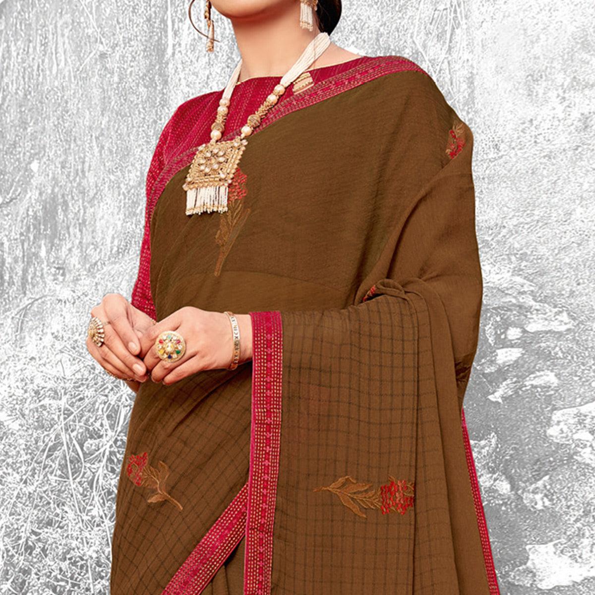 Ravishing Brown Coloured Partywear Embroidered Chiffon Saree - Peachmode