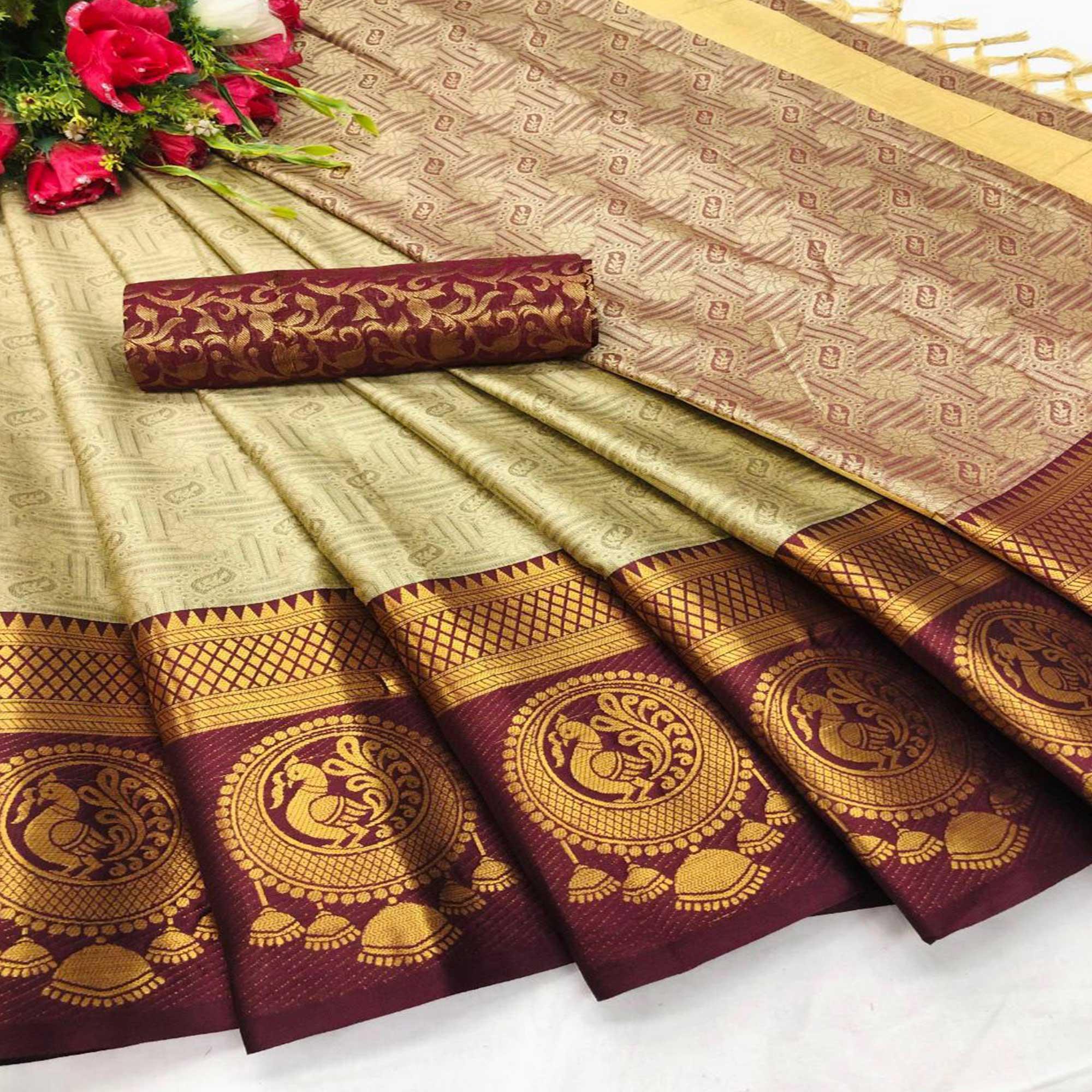 Ravishing Chiku Coloured Casual Wear Printed Self Cotton Silk Saree - Peachmode