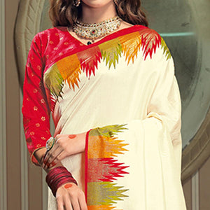 Ravishing Cream Colored Festive Wear Patola Silk saree - Peachmode