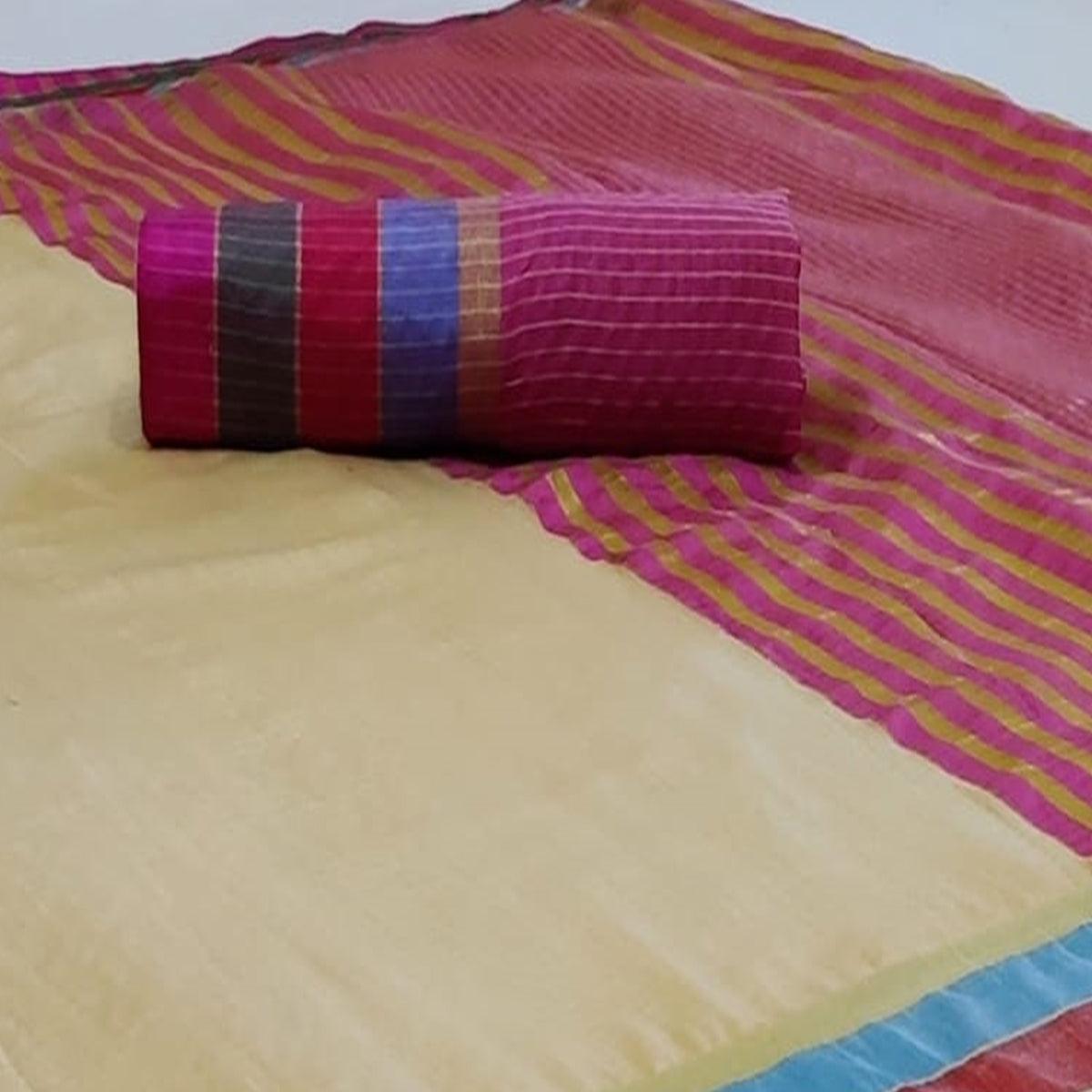 Ravishing Cream Colored Festive Wear Woven Cotton Saree - Peachmode