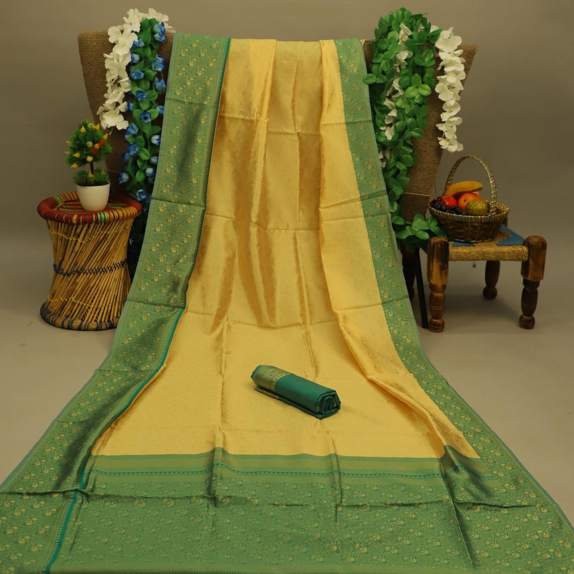 Ravishing Cream Colored Festive Wear Woven Soft Silk Saree - Peachmode