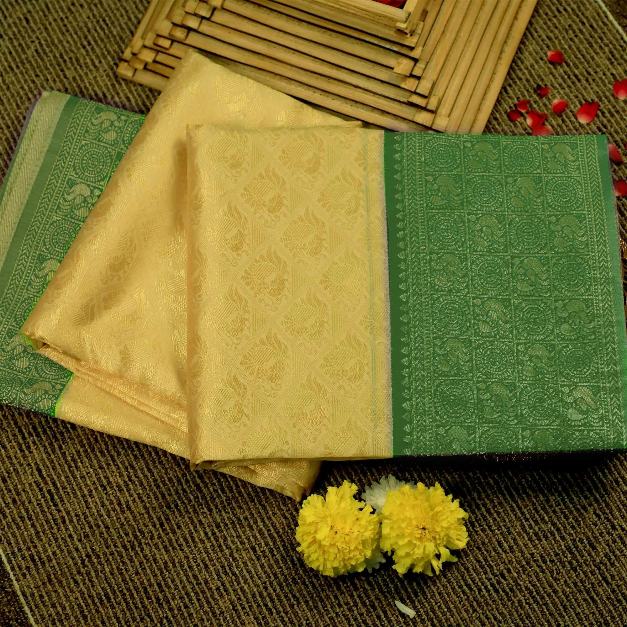 Ravishing Cream Colored Festive Wear Woven Soft Silk Saree - Peachmode