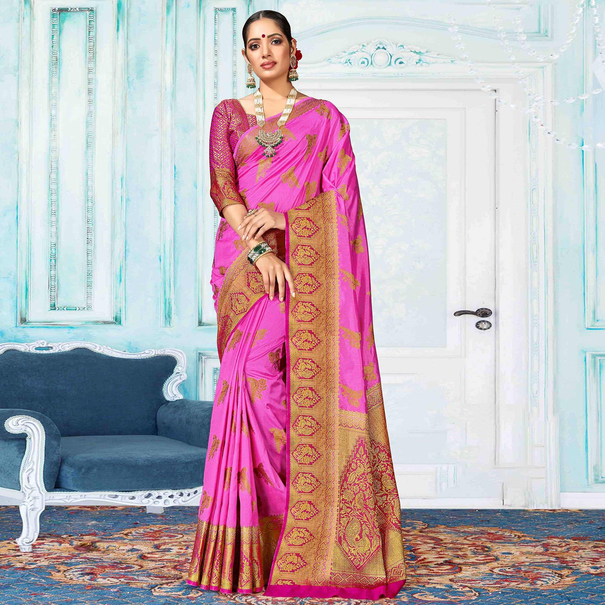 Ravishing Dark Pink Colored Festive Wear Woven Nylon Silk Saree - Peachmode