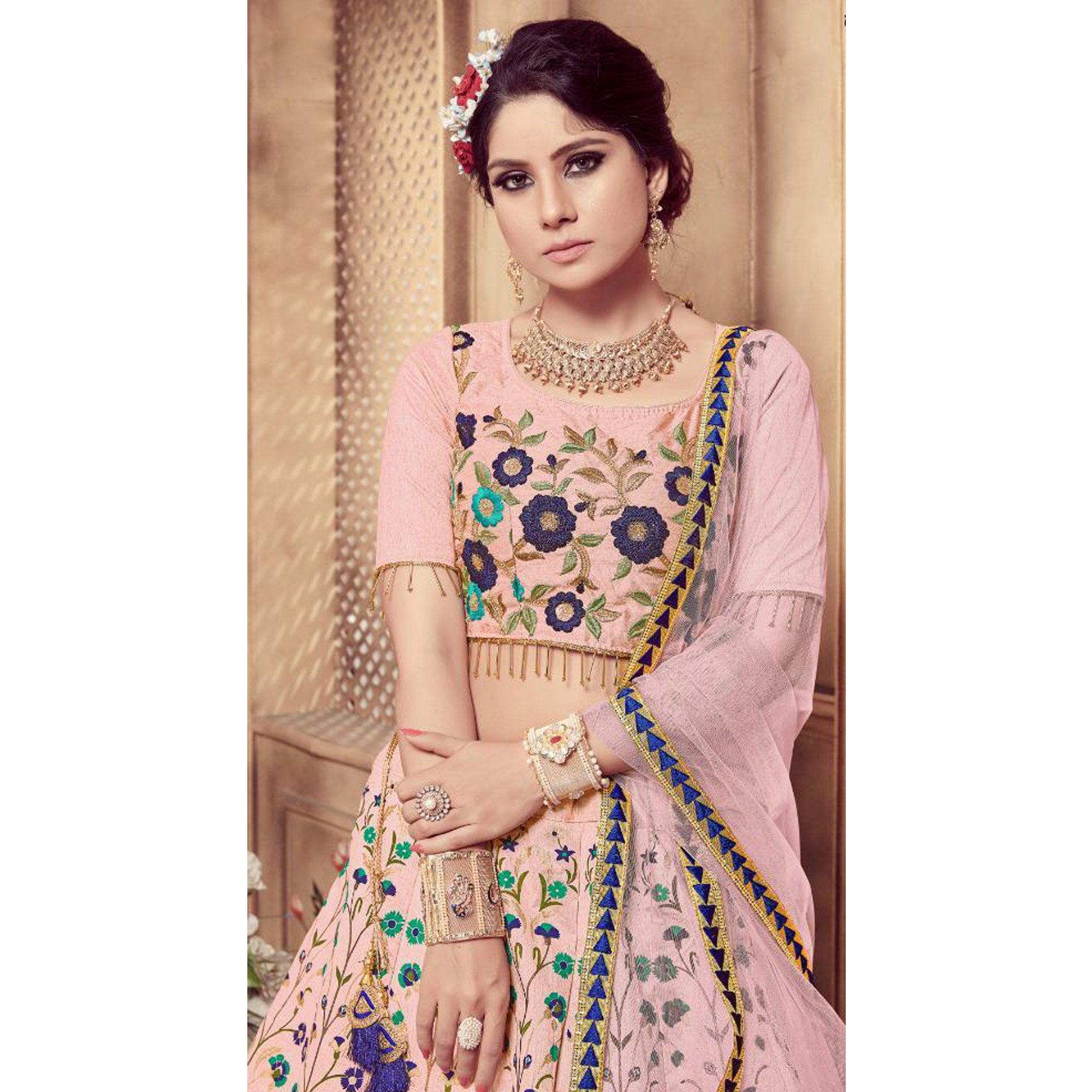 Ravishing Dusty Pink Colored Party Wear Embroidered Silk Lehenga Choli - Peachmode