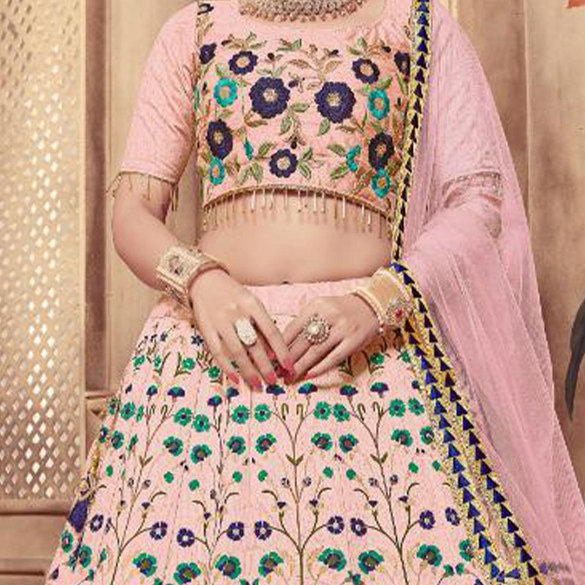 Ravishing Dusty Pink Colored Party Wear Embroidered Silk Lehenga Choli - Peachmode