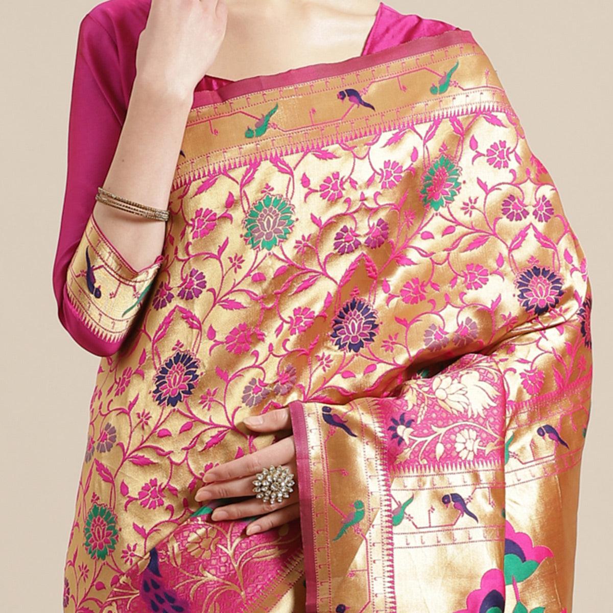 Ravishing Gold-Pink Colored Festive Wear Woven Silk Blend Saree - Peachmode