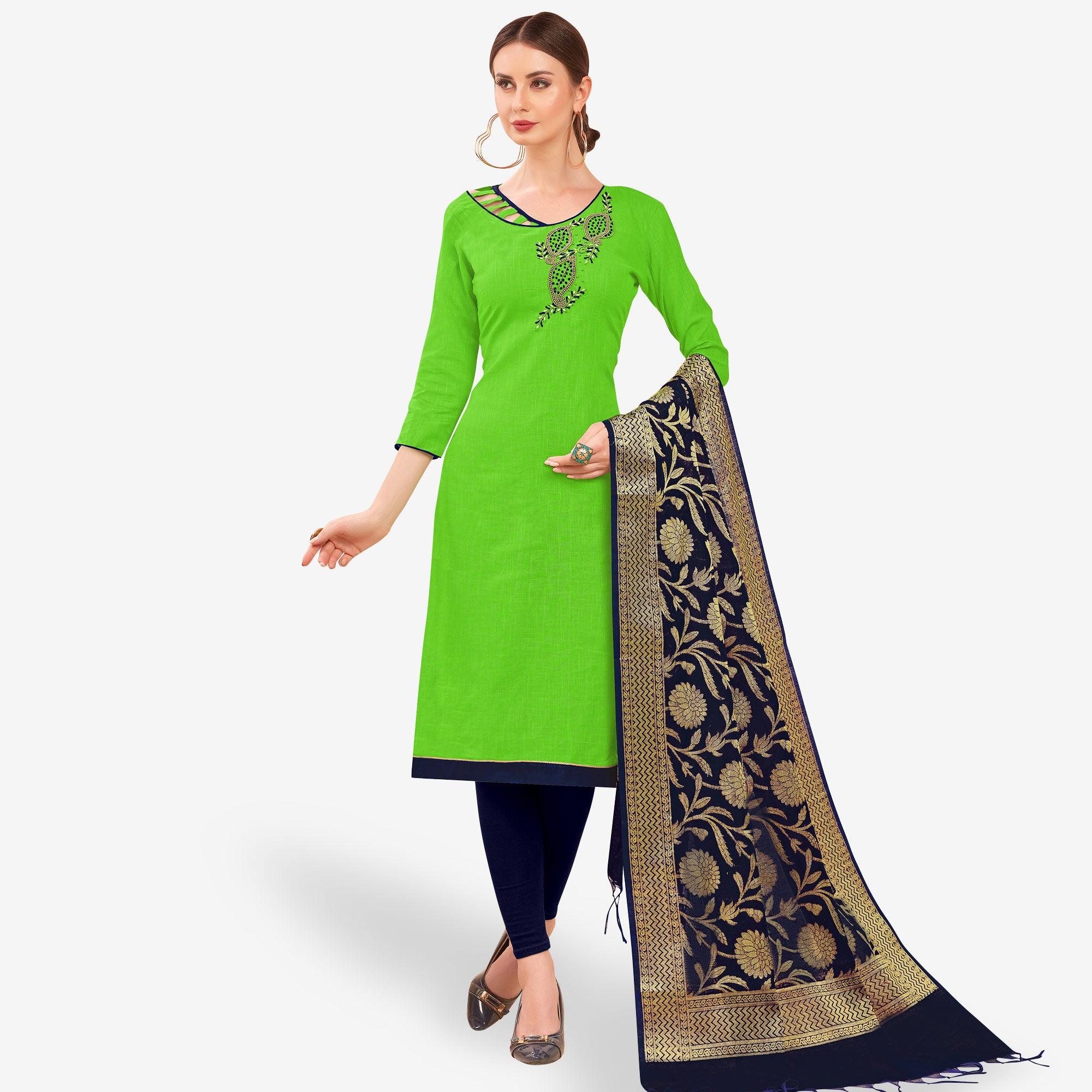 Ravishing Green Colored Casual Wear Embroidered Cotton Dress Material With Banarasi Silk Dupatta - Peachmode