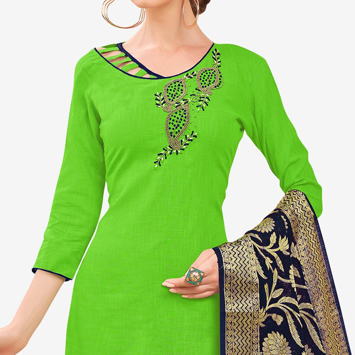 Ravishing Green Colored Casual Wear Embroidered Cotton Dress Material With Banarasi Silk Dupatta - Peachmode