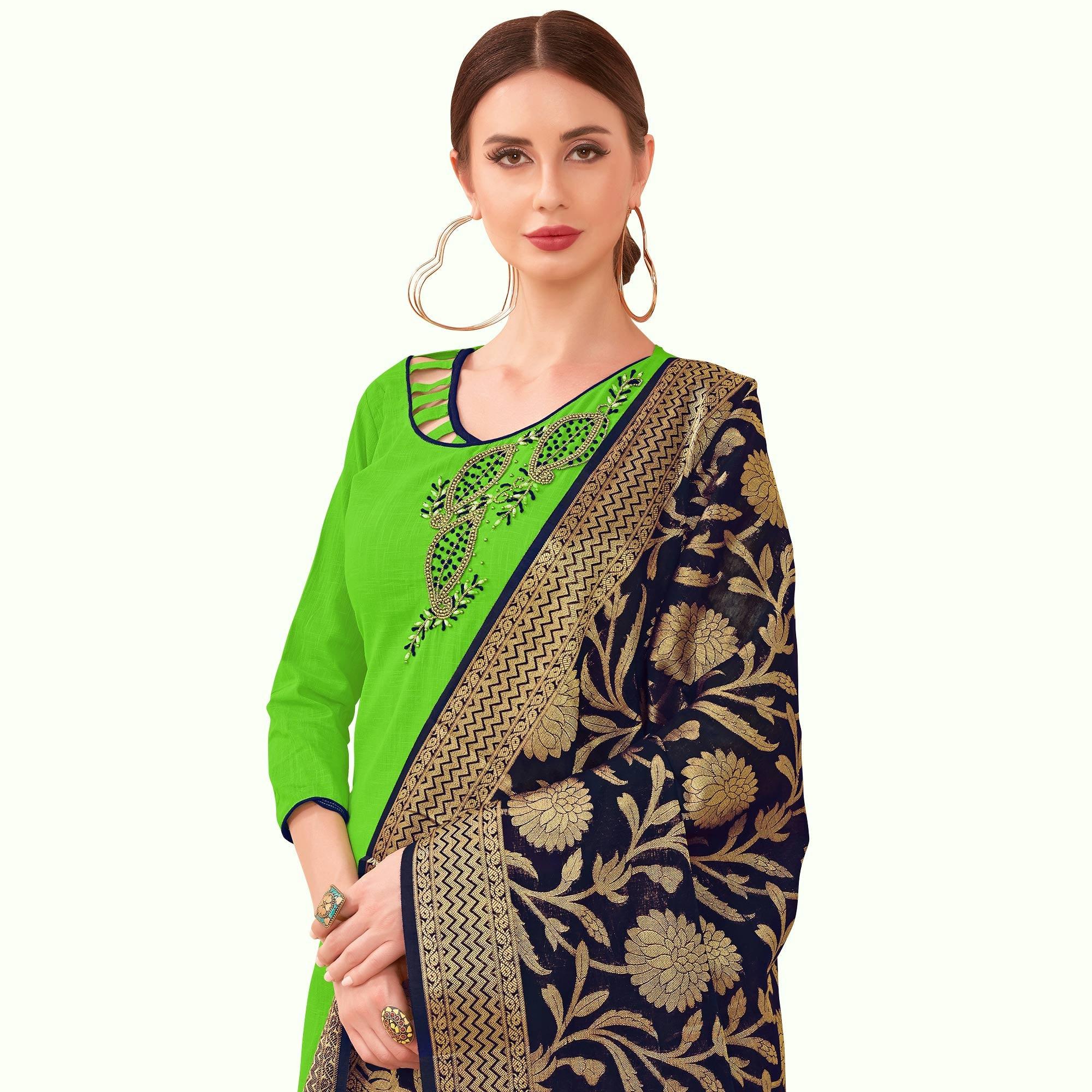 Ravishing Green Colored Casual Wear Embroidered Cotton Dress Material With Banarasi Silk Dupatta - Peachmode