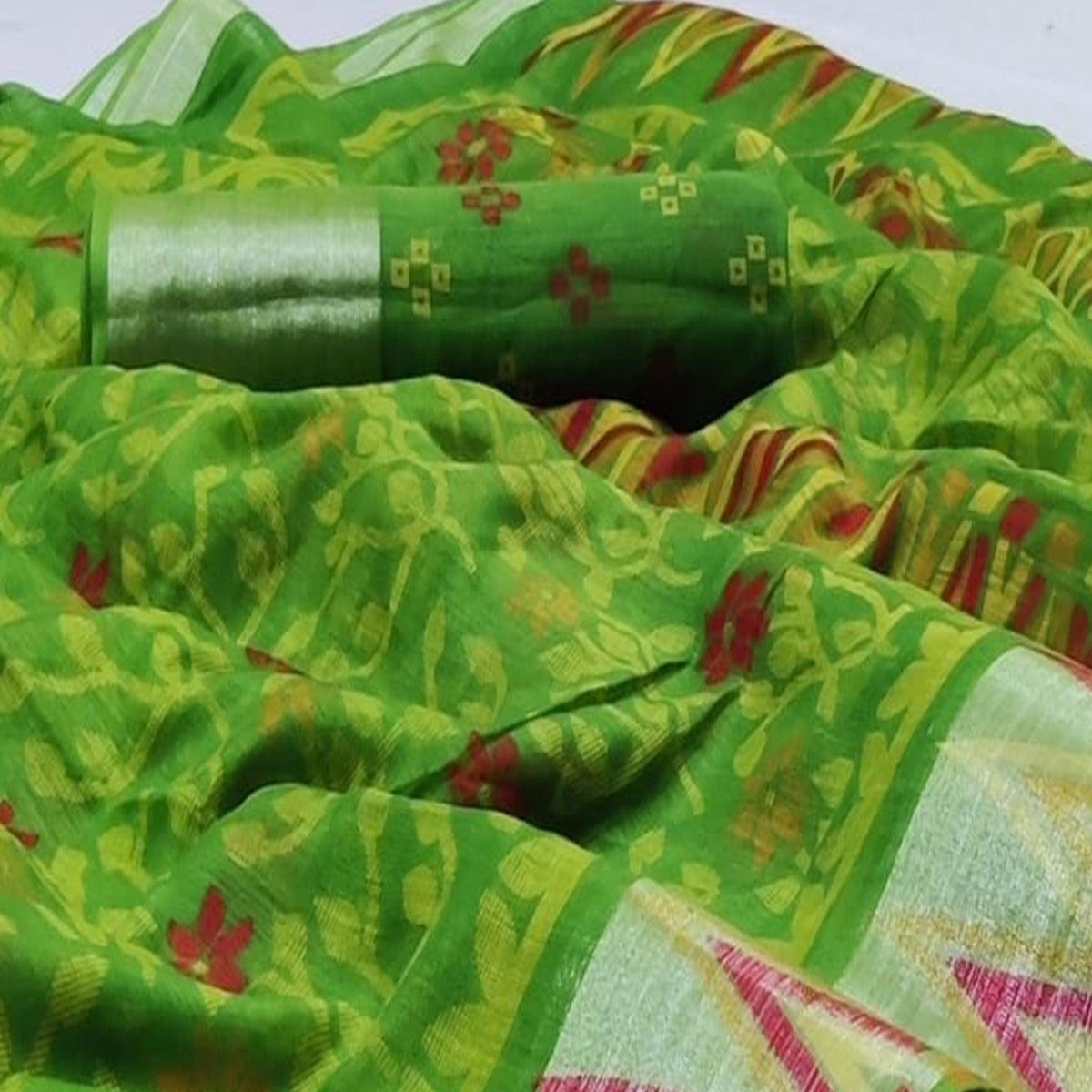 Ravishing Green Colored Casual Wear Printed Heavy Linen Saree - Peachmode