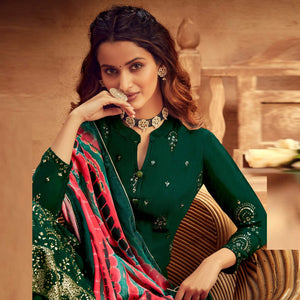 Ravishing Green Colored Embroidered Designer Partywear Heavy Faux Georgette Suit - Peachmode