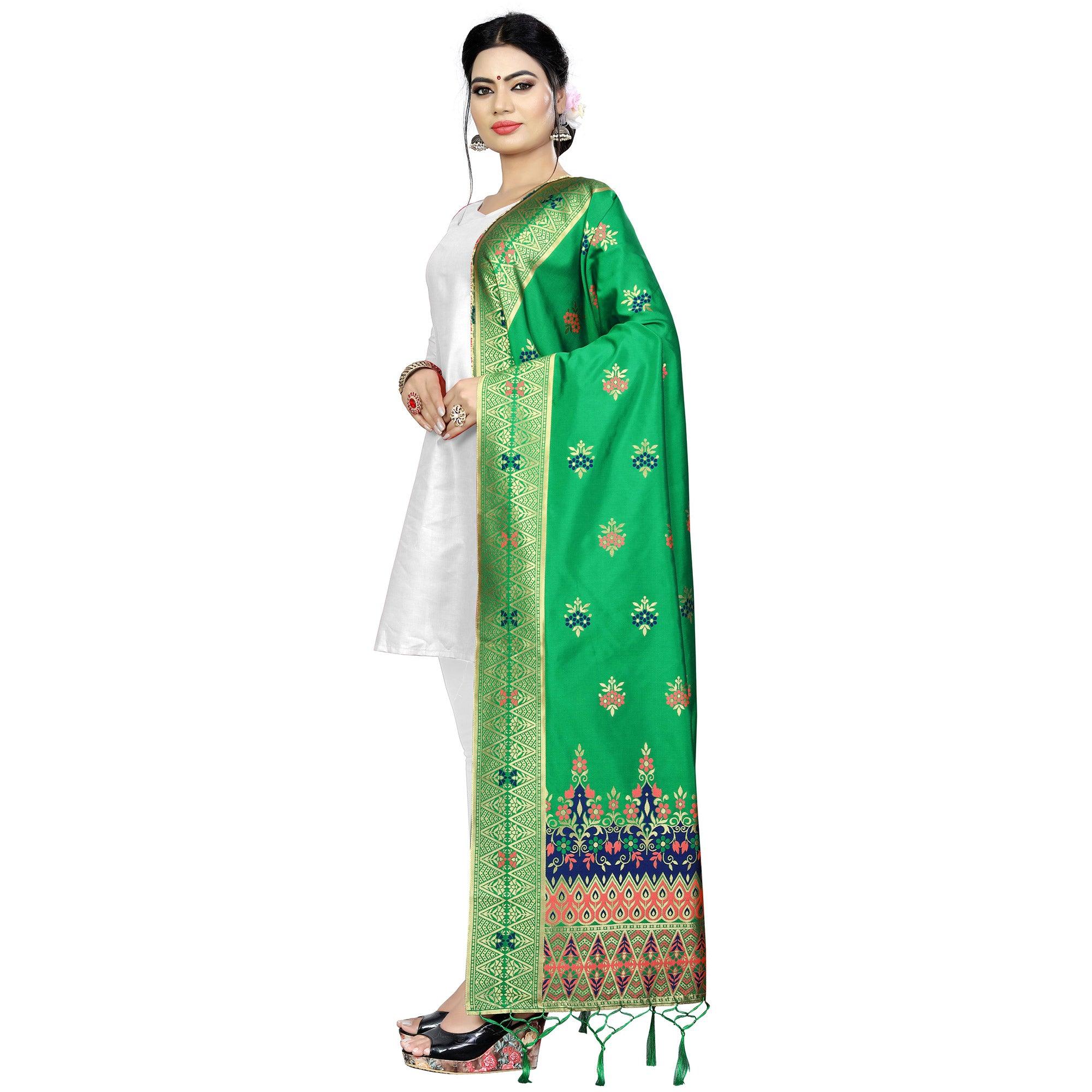 Ravishing Green Colored Festive Wear Banarasi Silk Dupatta - Peachmode