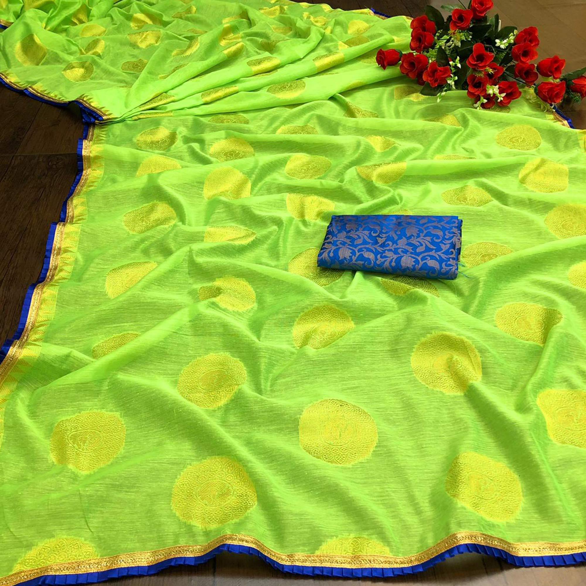 Ravishing Green Colored Festive Wear Woven Cotton Saree - Peachmode