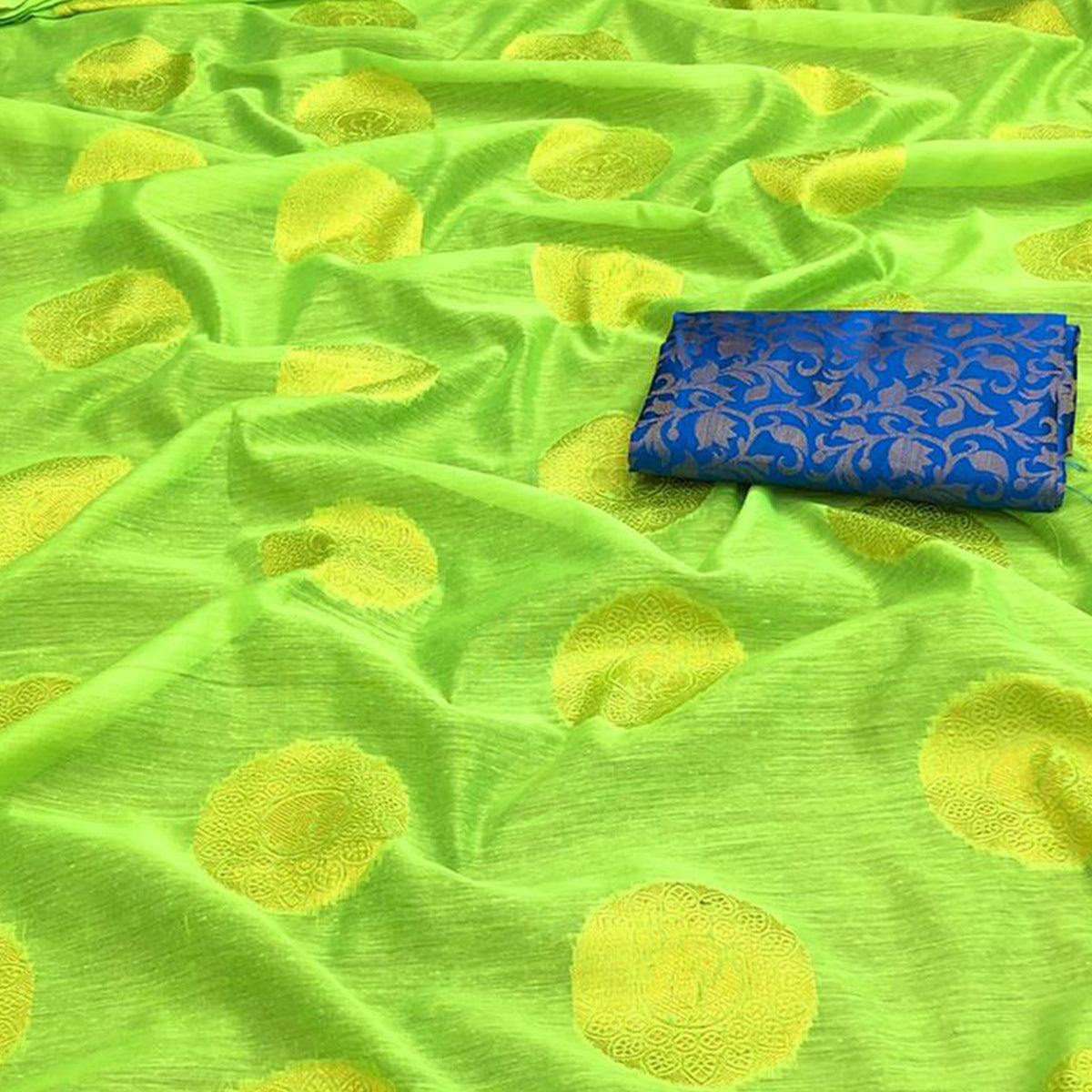 Ravishing Green Colored Festive Wear Woven Cotton Saree - Peachmode