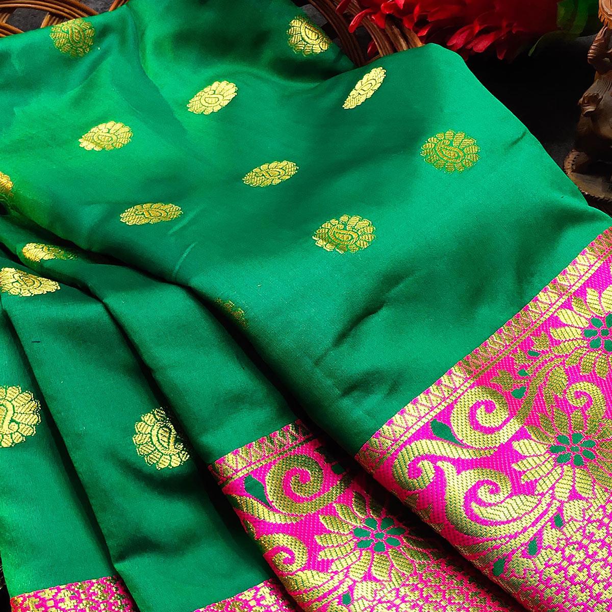 Ravishing Green Colored Festive Wear Woven Kanjivaram Silk Saree - Peachmode