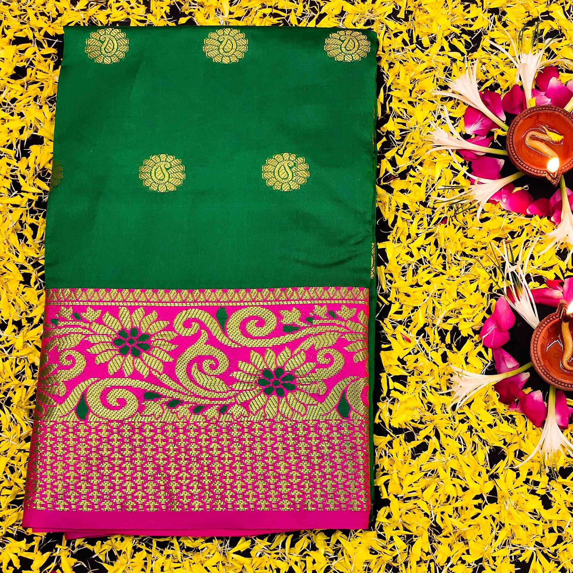 Ravishing Green Colored Festive Wear Woven Kanjivaram Silk Saree - Peachmode