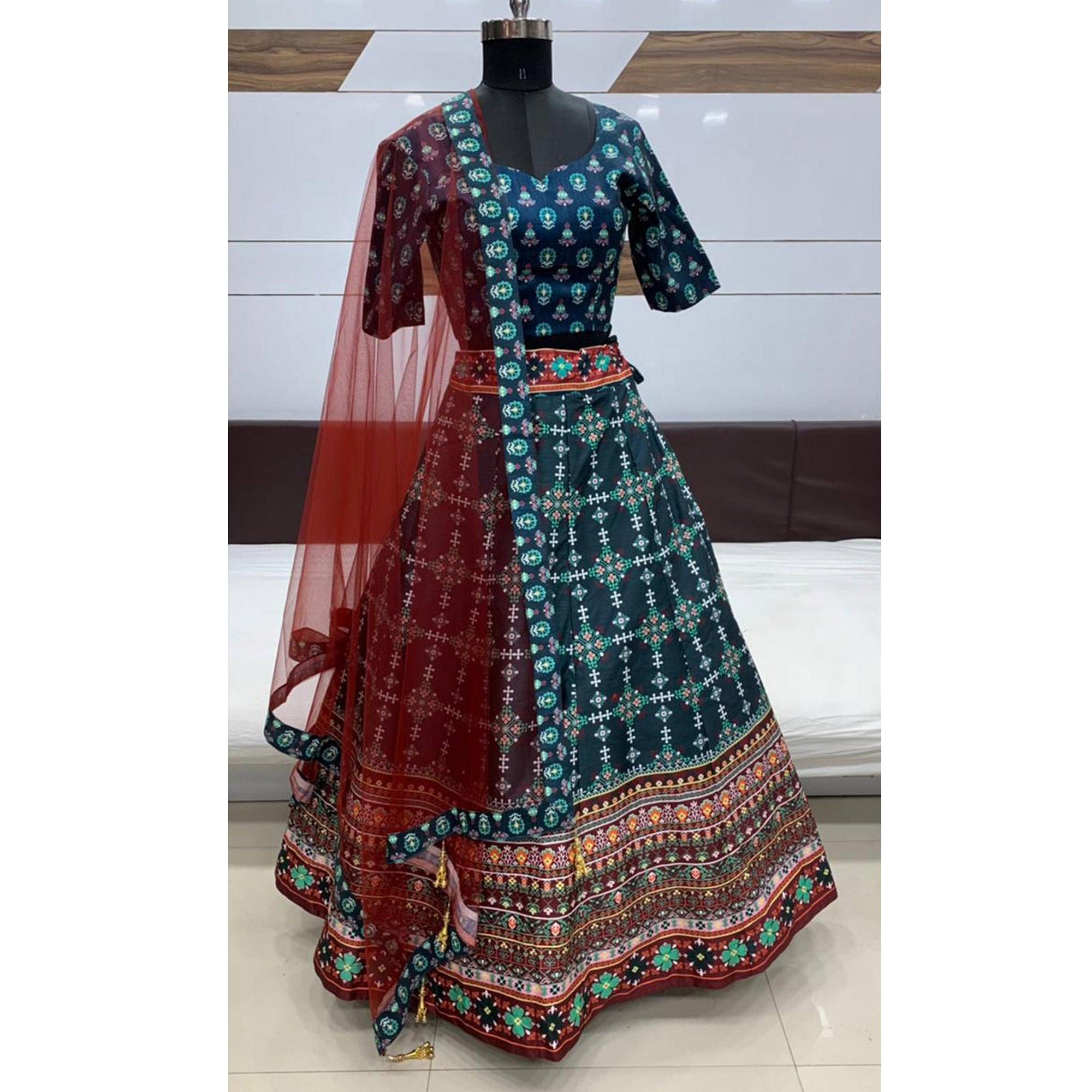 Ravishing Green Coloured Partywear Digital Printed Art Silk Lehenga Choli - Peachmode