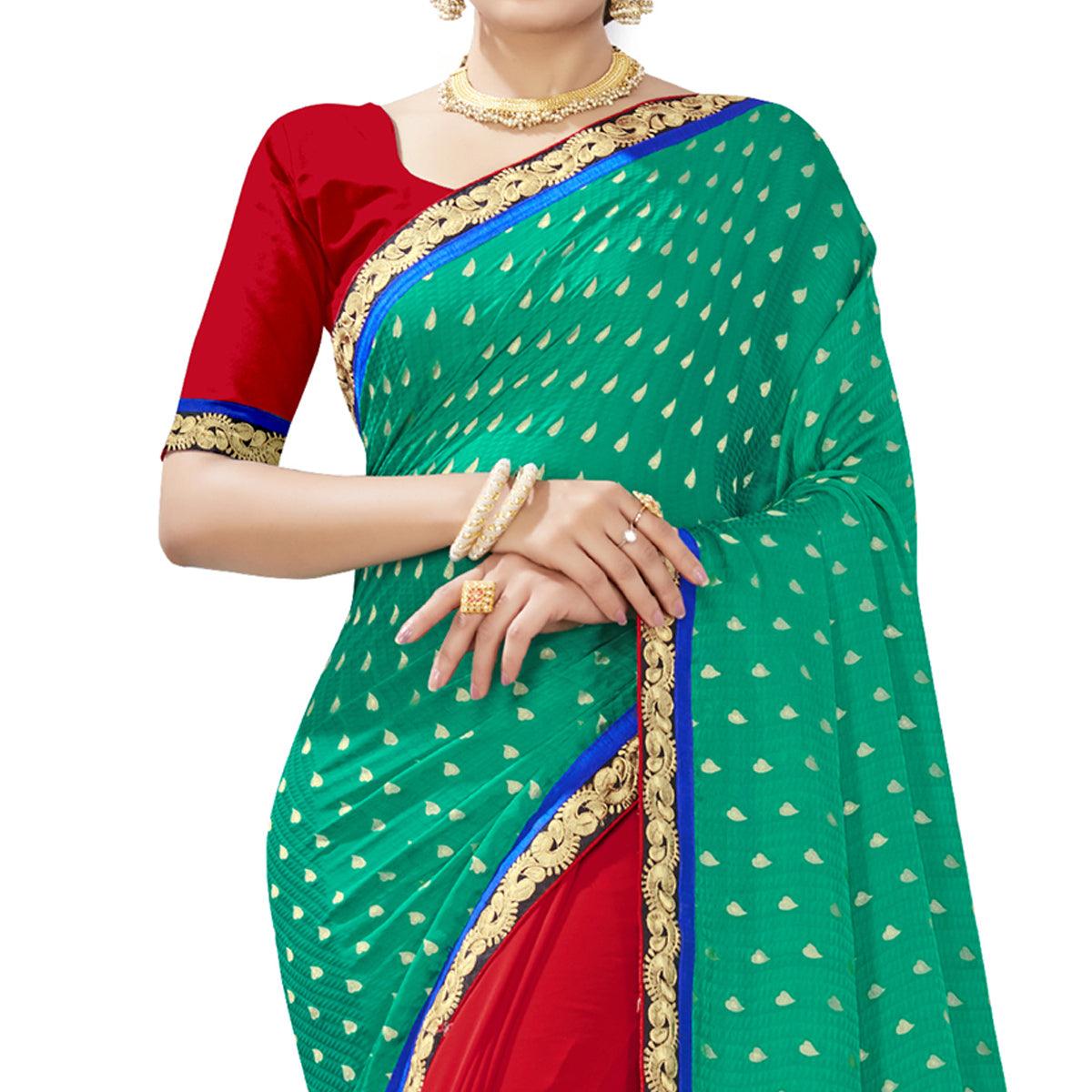 Ravishing Green-Red Colored party Wear Embroidered Georgette Half-Half Saree - Peachmode