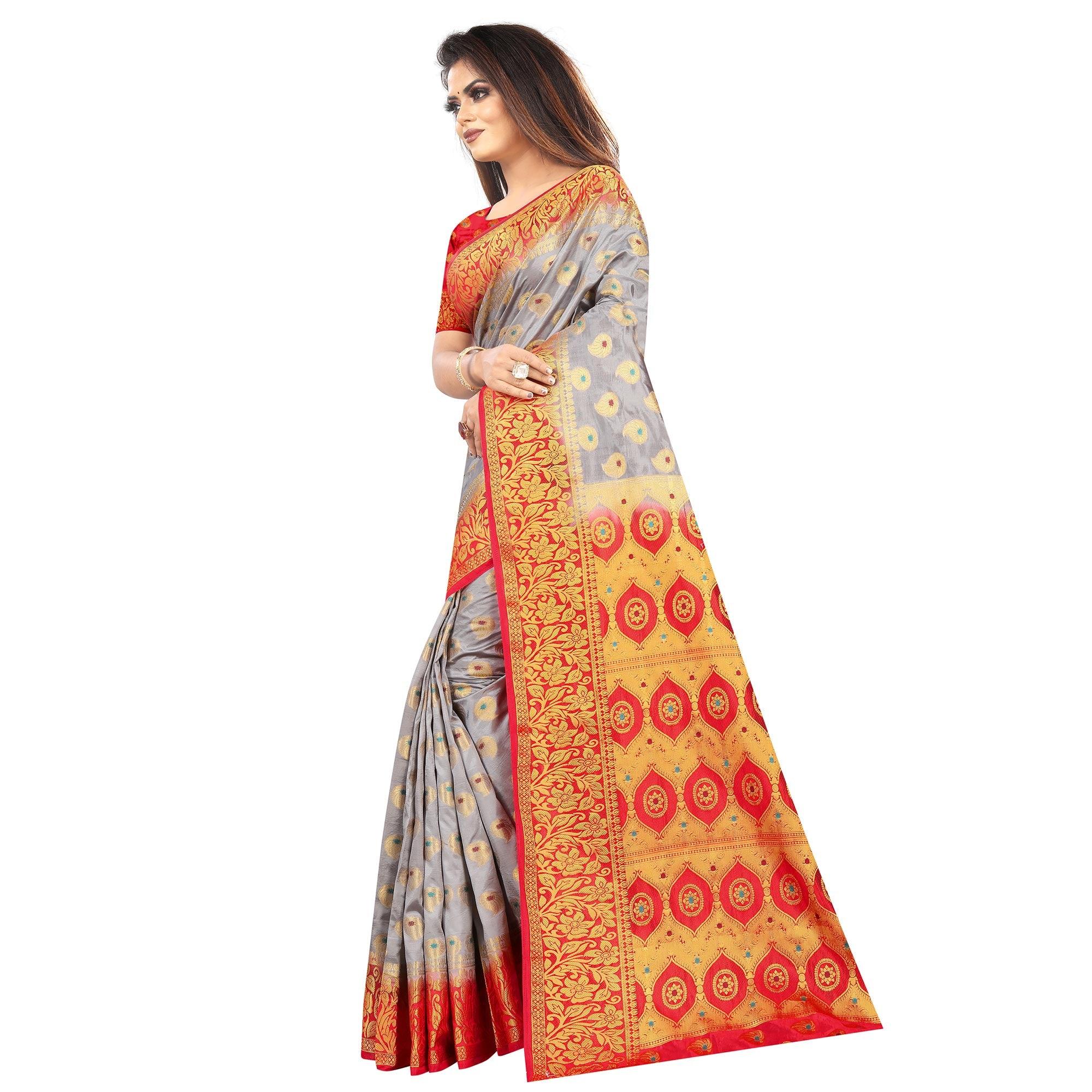 Ravishing Grey Colored Festive Wear Woven Art Silk Saree - Peachmode