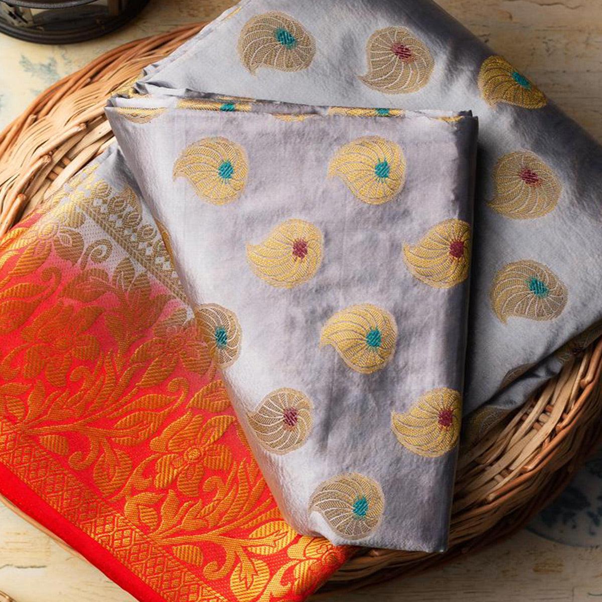 Ravishing Grey Colored Festive Wear Woven Art Silk Saree - Peachmode