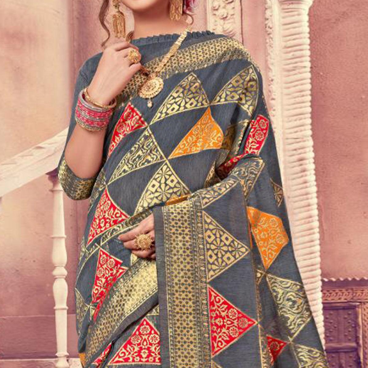 Ravishing Grey Colored Festive Wear Woven Cotton Silk Saree - Peachmode