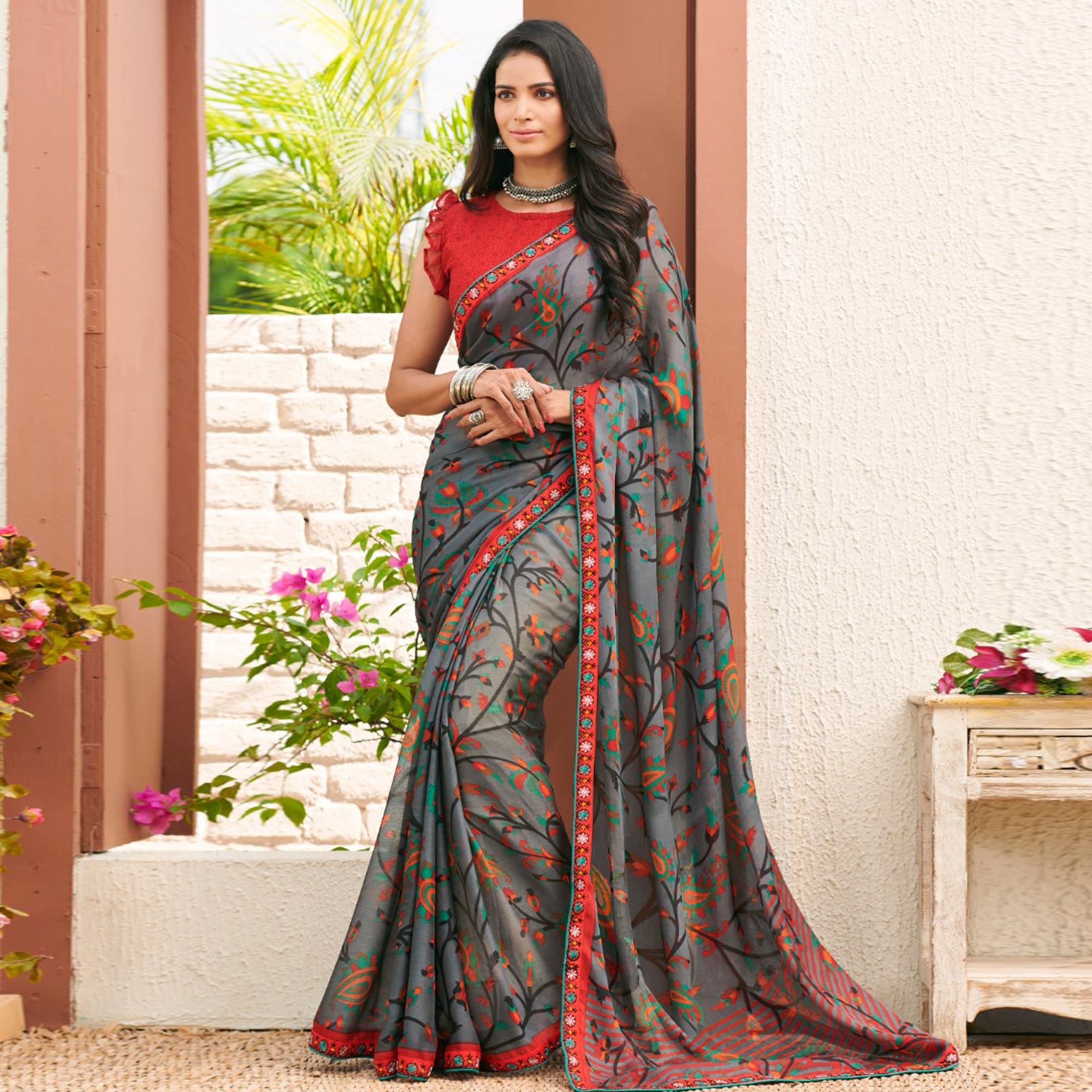 Ravishing Grey Coloured Casual Wear Printed & Embroidered Lace Chiffon Saree - Peachmode