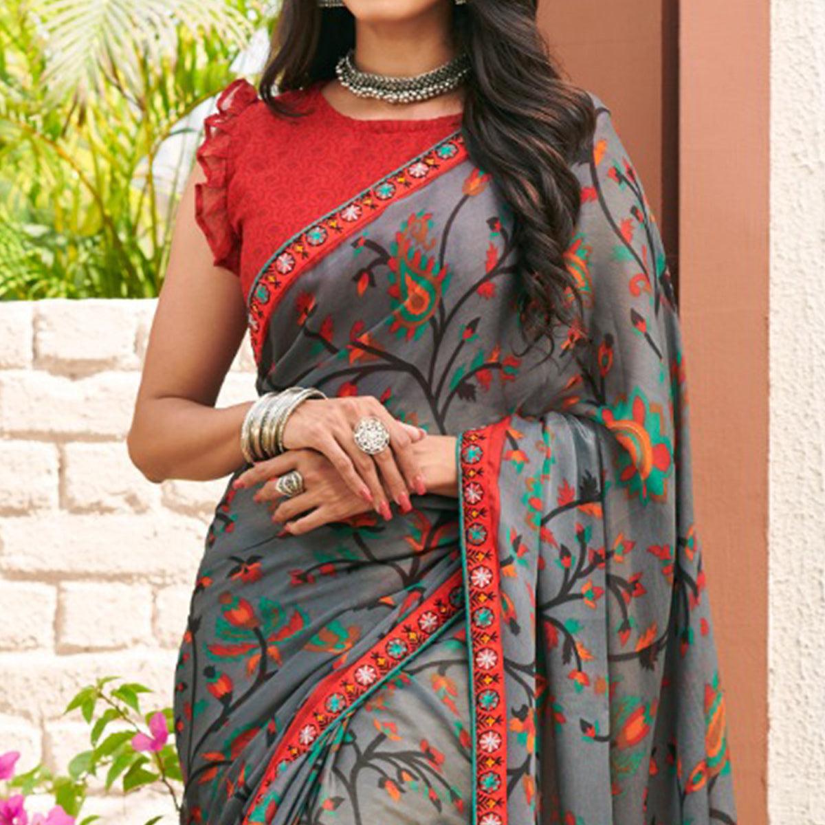 Ravishing Grey Coloured Casual Wear Printed & Embroidered Lace Chiffon Saree - Peachmode
