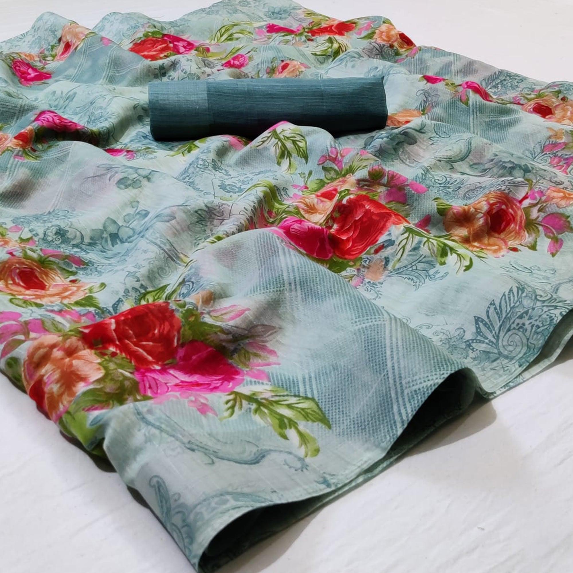 Ravishing Light Blue Colored Casual Wear Floral Printed Linen Saree - Peachmode