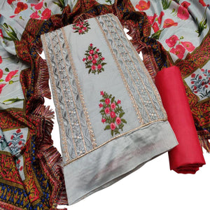 Ravishing Light Grey Colored Casual Wear Embroidered Chanderi Dress Material - Peachmode