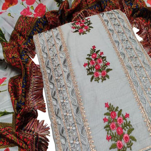 Ravishing Light Grey Colored Casual Wear Embroidered Chanderi Dress Material - Peachmode