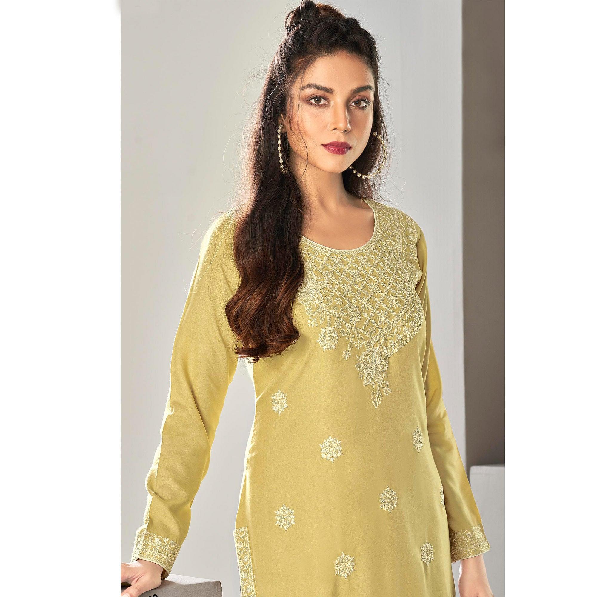 Ravishing Light Yellow Colored Casual Wear Embroidered Pure Rayon Viscose Kurti - Peachmode