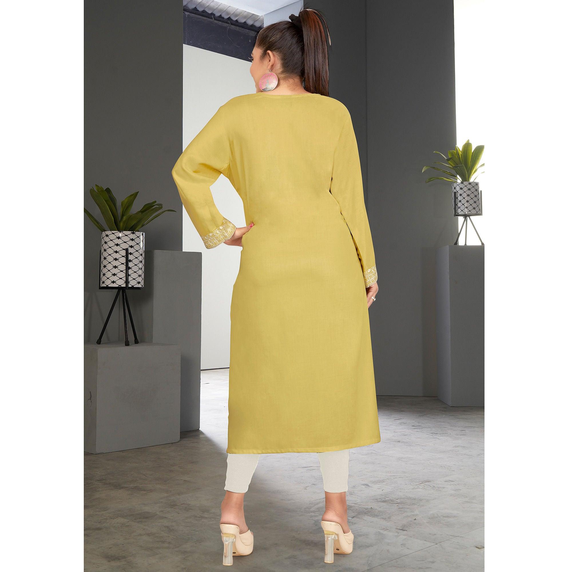 Ravishing Light Yellow Colored Casual Wear Embroidered Pure Rayon Viscose Kurti - Peachmode