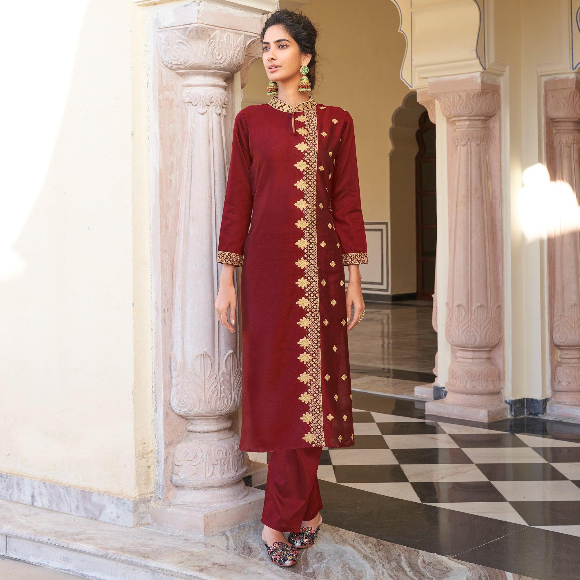 Ravishing Maroon Colored Partywear Embroidered Pure Viscose Santoori Kurti - Palazzo Set - Peachmode
