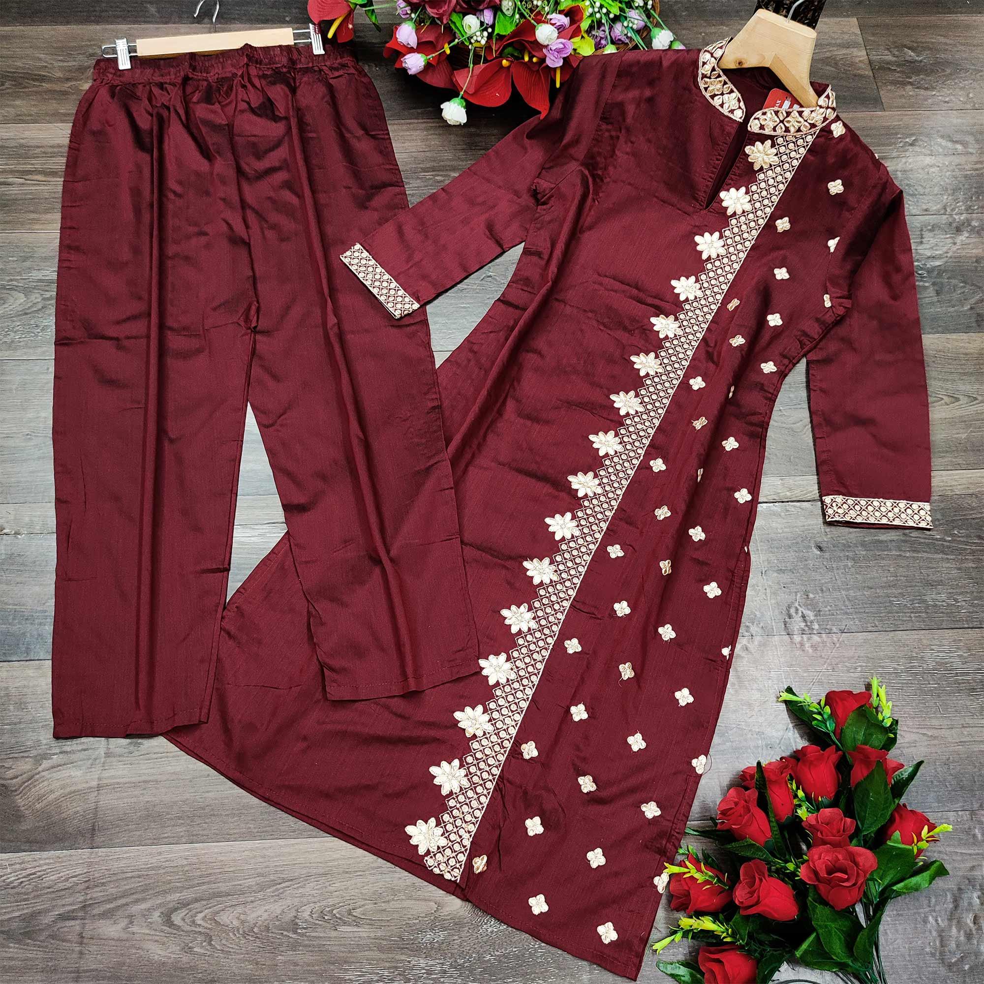 Ravishing Maroon Colored Partywear Embroidered Pure Viscose Santoori Kurti - Palazzo Set - Peachmode