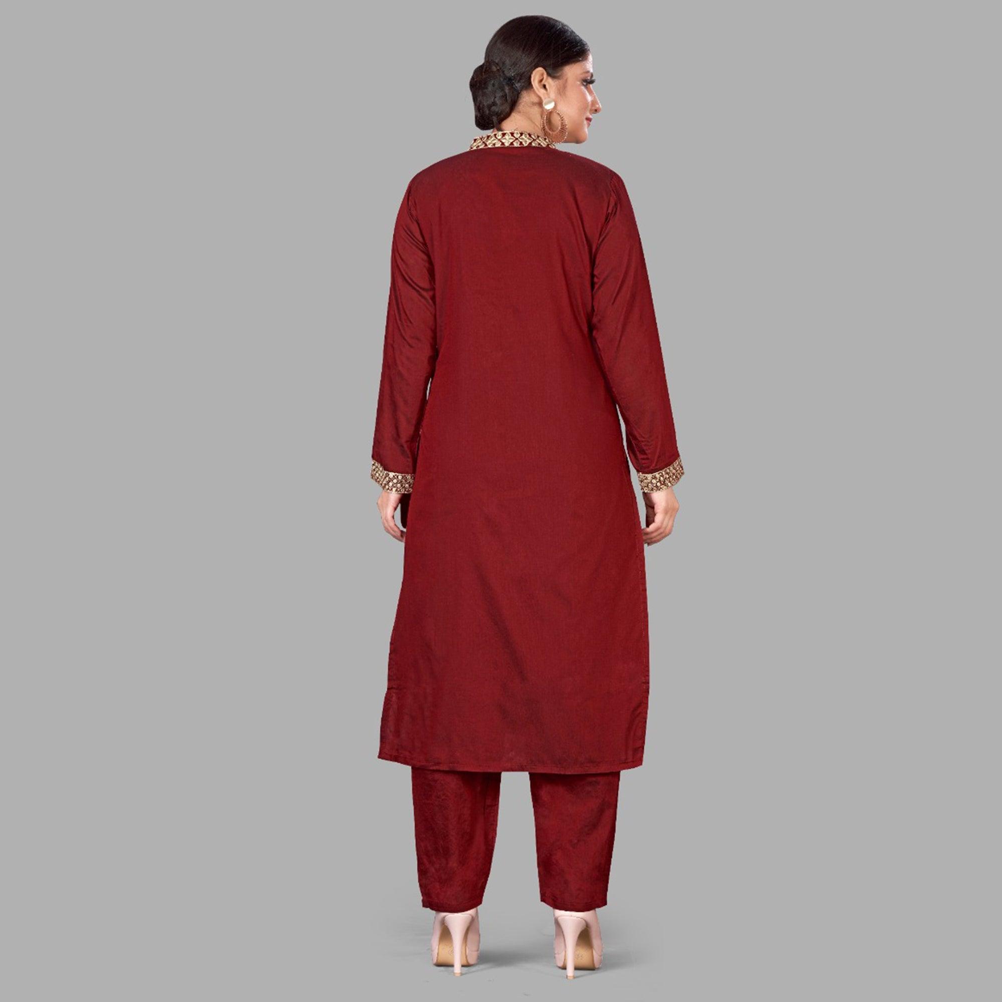 Ravishing Maroon Colored Partywear Embroidered Pure Viscose Santoori Kurti - Palazzo Set - Peachmode
