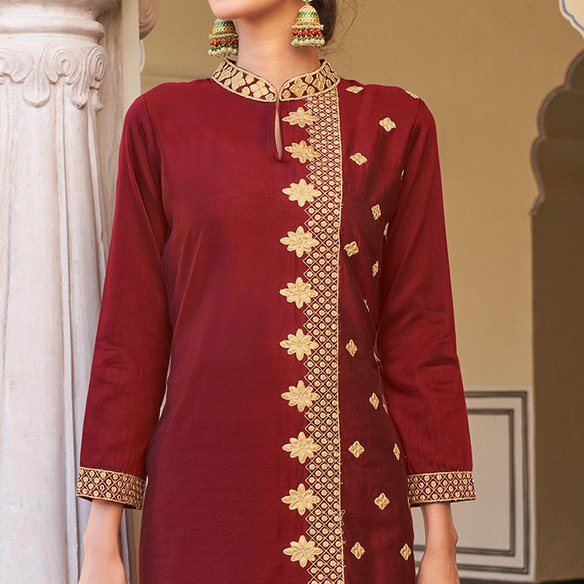 Ravishing Maroon Colored Partywear Embroidered Pure Viscose Santoori Kurti - Palazzo Set - Peachmode